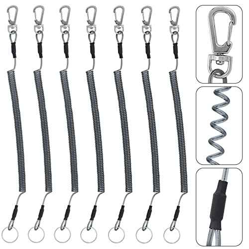 Fishing Lanyard (7Pcs) Safety Retractable Coiled Tether with Carabiner and Split Ring for Pliers, Boating, Tools(Black)