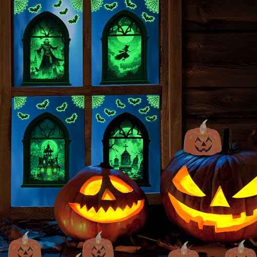 Glow in The Dark Halloween Wall Stickers, Set of 4 Halloween Window Decals, Scary Vampire Witch Castle Tombstone Window Wall Sticker, All Saints' Day Bedroom Playroom Living Room Glass Decoration