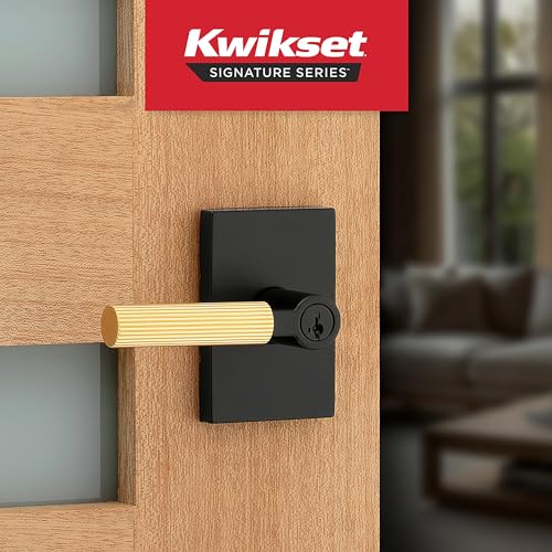 Kwikset Mirada Reeded Entry Door Handle with Lock and Key, Secure Keyed Reversible Lever Exterior, Door Lock for Front Door, Matte Black Satin Brass, Pick Resistant SmartKey Security and Microban