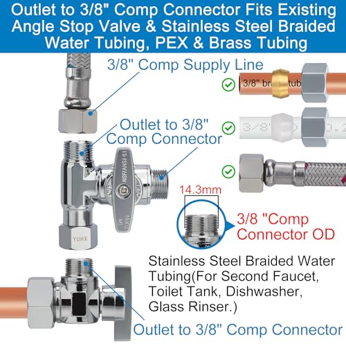 YUHX Brass 3/8" Compression T-Adapter Valve for Bidet, Toilet, Water Line Splitter G1/2