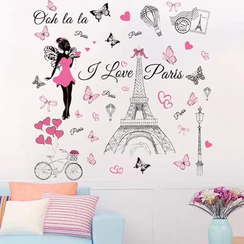 Paris Wall Decal Vinyl Eiffel Tower Wall Sticker Bicycle Hot Air Ballon Wall Decor for Girl Women Bedroom Living Room