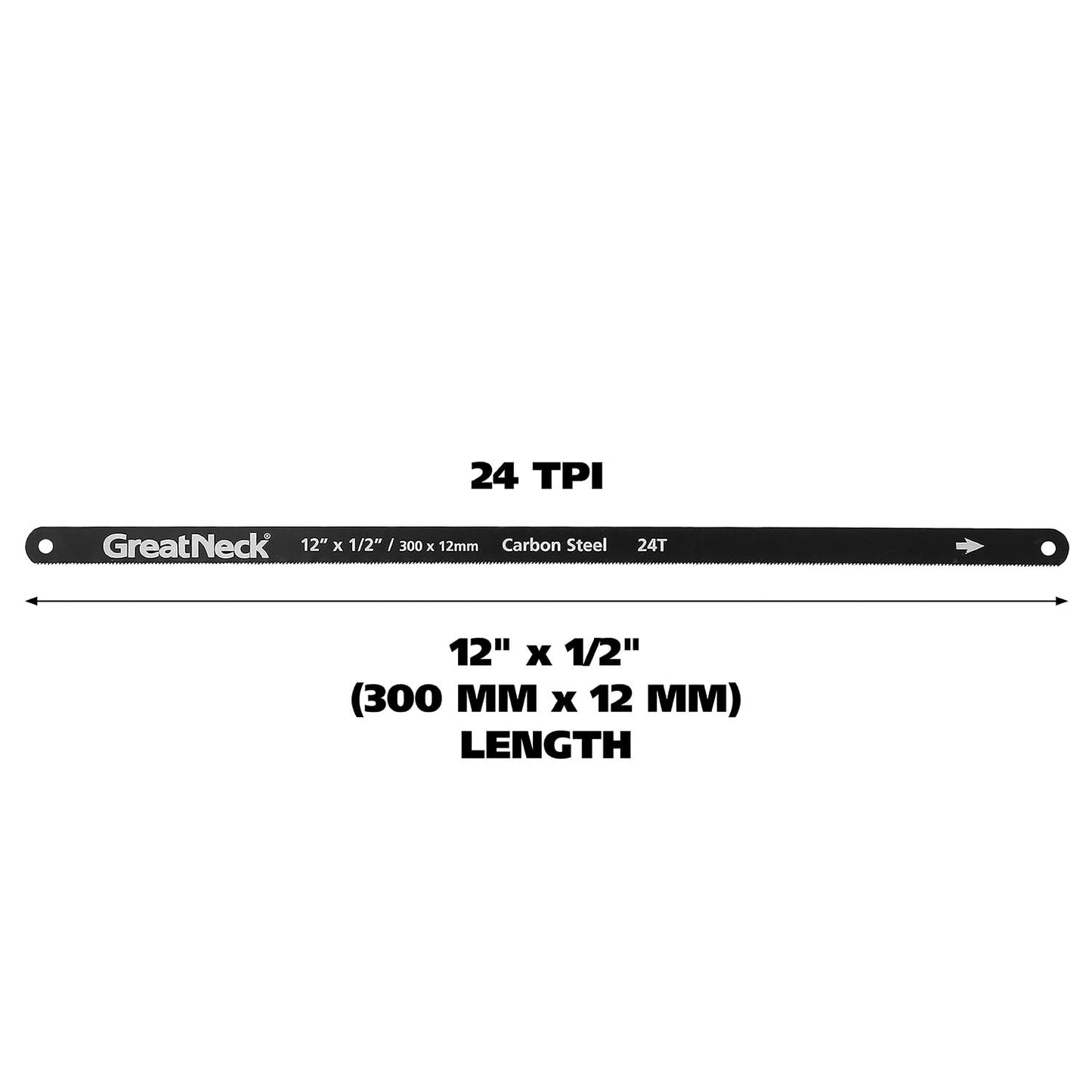 GreatNeck GF213 12-Inch Hacksaw Blades, 24 TPI, Flexible Steel with Hardened Teeth, Standard Replacement for Metal Cutting, Fits Most 12" Adjustable Hacksaws, Shatterproof Design, 2-Pack