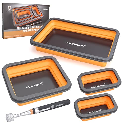 Mulwark 4Pcs Collapsible Magnetic Tray with 15lb Magnetic Pickup Tool – 3 Sizes, Silicone Parts Organizer