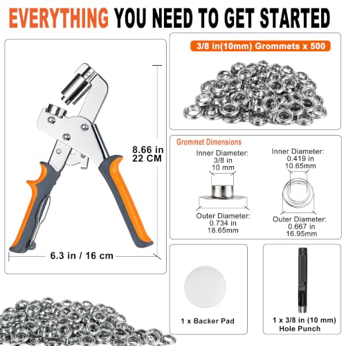 3/8 Inch (10mm) Grommet Tool Kit with 500 Stainless Steel Eyelets & Washer Set