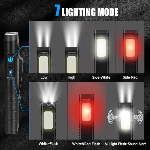 Rechargeable EDC Flashlight with Sound Beeper, Portable Flat Pocket Flashlights, Small Magnetic Flashlight, 7 Mode Side Light Clip On Handheld Flashlight for Outdoor Home Working, Black