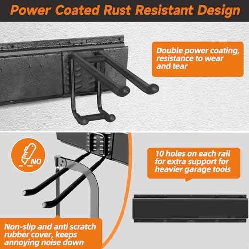 Garden Tool Organizer Wall Mount, Heavy Duty 48 Inches Garage Organization and Storage Racks for Yard Tools with 6 Hooks, Tool Hangers Holders for Hanging Folding Chair, Rake and Shovel