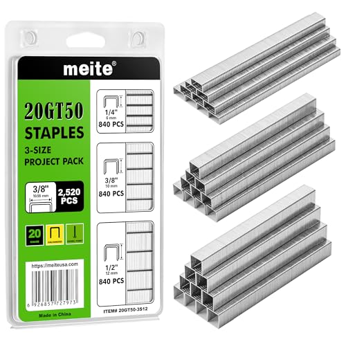 Meite T50 Staples 3 Sizes Pack - 1/4, 3/8, 1/2 Inch Galvanized Heavy Duty 2,520 Pcs for Upholstery & Construction