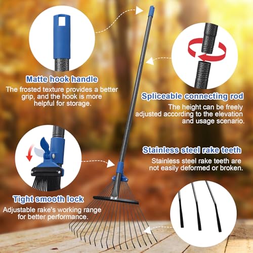 5 Ft Adjustable Metal Leaf Rake with Expandable Head - Heavy Duty Garden Tool