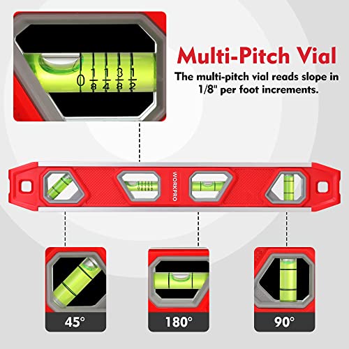 WORKPRO 12-Inch Magnetic Torpedo Level - Red, Durable Aluminum, Accurate Bubble Vials
