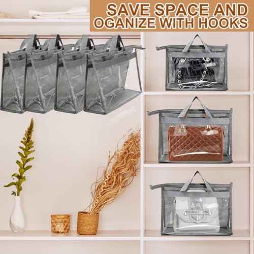 10 Pcs Dust Bags for Handbags,Clear Handbag Storage Organizer,Purse Storage Organizer for Closet,Purse Protector Storage Bag with Zipper Handle and Hooks (Grey)