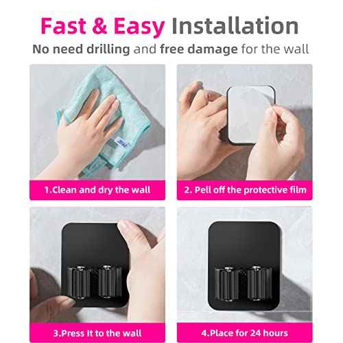 4 Pack Broom Holder Wall Mount, Improved Super Anti-Slip Mop and Broom Holder Wall Mount, Broom Hanger Gripper for Kitchen, Bathroom, Closet, Garden Garage, Black