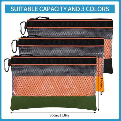 BESARME 3 Pcs 11.8" Clear Tool Pouches with Zipper Heavy-Duty Small Tool Bag Waterproof Zipper Tool Pouch with Mesh Window Electrician Tool Pouch for Men and Women