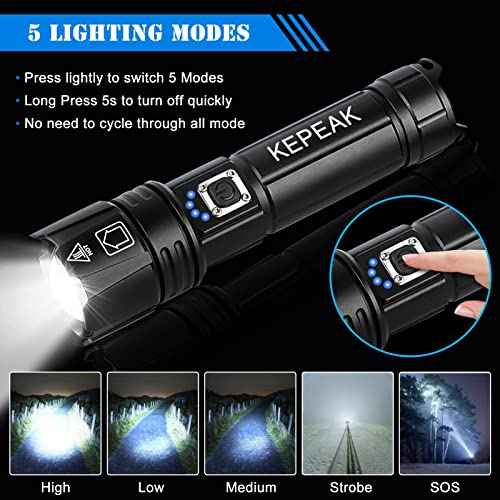 KEPEAK Flashlight, Rechargeable Flashlights High Lumens, Super Bright LED Flash Light, Powerful, Zoomable, Tactical Flashlight for Camping, Emergency