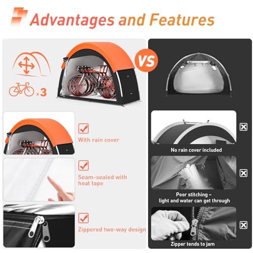 Orange Bike Tent with Rain Cover, Outdoor Storage Shed for 2-3 Bikes - PZT 79x32x65in