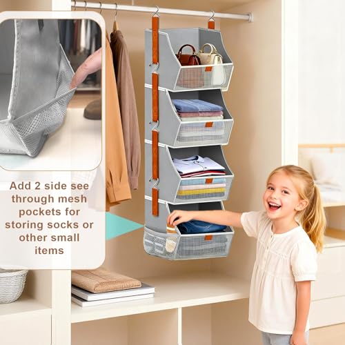 Grey 4-Tier Fabric Hanging Closet Organizer with See-Through Front & Side Pockets - Space-Saving Wardrobe Storage
