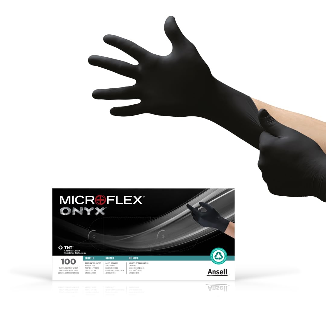 Ansell MICROFLEX Onyx N64 Disposable Nitrile Exam Gloves for Automotive, Metal Fabrication - XL, Black (Box of 100)