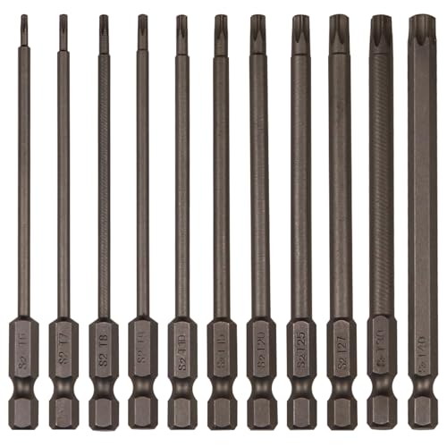 11Pcs Security Torx Bit Set Tamper Proof Torx Bits Magnetic Star Screwdriver Bits Set S2 Steel 1/4 Hex Shank Torque Security Bits T6-T40, 4 Inch Length for Deeper Work