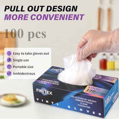 FINITEX Clear Vinyl Gloves Disposable Gloves Food Safe Latex-Free Food Prep Exam Gloves Box of 100/1000