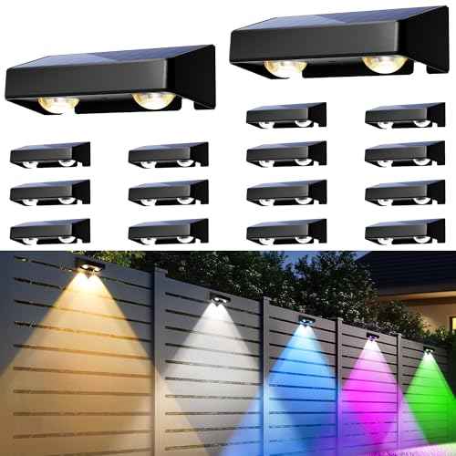 Solar Fence Lights Outdoor, Solar Wall Lights 9 Fixed Colors £¦ Color Changing Modern Solar Powered Deck Light for Halloween Step Stair Patio Backyard Porch Railing decor, IP65 Waterproof (16 Pack)