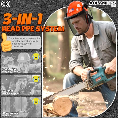 Aolamegs Chainsaw Helmet with Face Shield and Ear Muffs-3-in-1 Arborist Helmet with Ear Protection and Full Face Shield Mask for Weed Whacking/Lawn Mowing,Forestry Helmet for Grinding and Tree Cutting