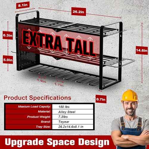 Mens Gifts Power Tool Organizer Wall Mount With Pegboard - 7 Drill Holder - Garage Organization Storage Rack For Cordless Tool - Heavy Duty Metal Tool Shelf