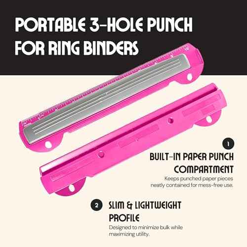 Performore 3 Hole Portable Paper Punch (Pink) with Built-in 10" Ruler, 5 Sheets Capacity, Letter-Size for 3-Ring Binders
