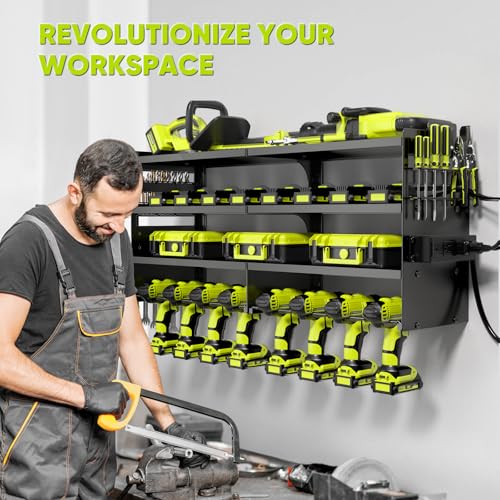 POKIPO Large Black Power Tool Organizer Wall Mount with Charging Station, 4 Layers, Heavy Duty Metal Supports 600lbs, 8 Drill Holders & Power Strip