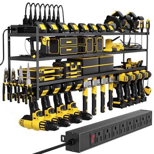 Power Tool Organizer Wall Mount with Charging Station, Cordless Tool Organizer, 12 Drill Holders 4-Tier Heavy Duty Drill Rack with 8-Outlet Power Strip, Garage Gift for Men
