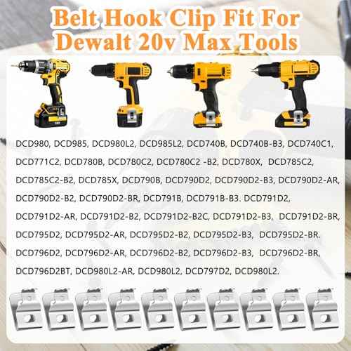 10Pcs Belt Clips For Dewalt, 304 Stainless Steel Hook Drill Clips Tool Kit With Screws Belt Replacement for Dewalt N268241 Fit for 20V Power Tools DCD980 DCD980L2 DCD985L2 DCD985
