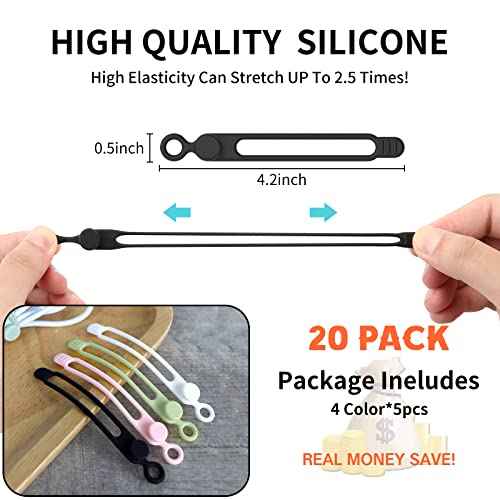 [20Park]UMUST Silicone Cable Ties,Reusable Cable Management Organizer, Multipurpose Elastic Cord Organizer for Bundling and Fastening Cable Cords Wires(black,white,pink,green)