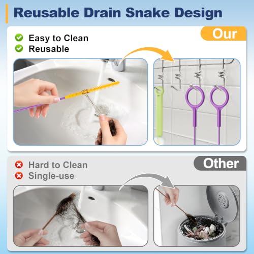 Purple 35-Inch Reusable Drain Snake for Shower & Sink Clogs - 5 Pack