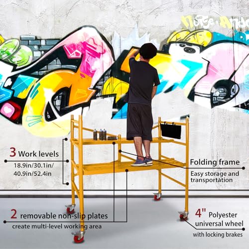 LEADALLWAY Yellow 4-Foot Portable Rolling Scaffold Platform with 2 Adjustable Levels