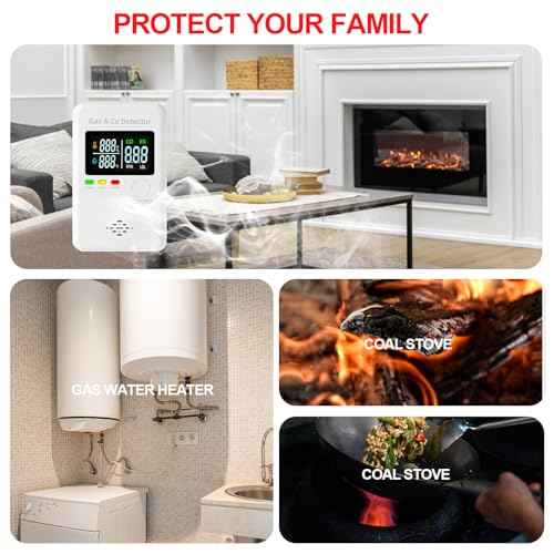 Combination Natural Gas & Carbon Monoxide Detectors,4-in-1 Real-time Display & Monitor,Low-Concentration Detect,Plug in Propane Detector & CO Alarm, for Home,Camping,RV,Apartment