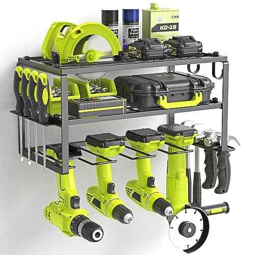 Power Tool Organizer, Heavy Duty Iron, 3 Layers Storage Rack with 4 Drill Holders, Floating Tool Shelf Wall Mounted, Matte Black, Work Shop, Garage, 150Lbs Load Capacity