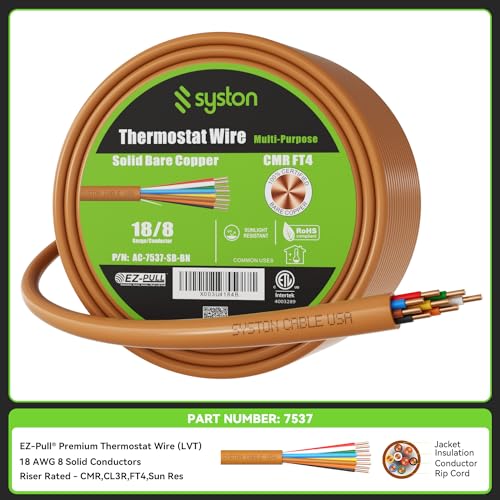 Syston 50 ft Brown 18/8 Thermostat Doorbell HVAC Control Cable - Solid Copper, UV Resistant, Indoor/Outdoor