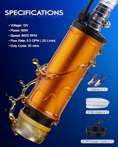 12V 80W Submersible Water Transfer Pump - High Flow Diesel & Water Pump
