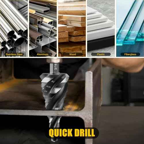 Four Spiral Flute Step Drill Bit, HSS Step Drill Bits (3/16"-7/8") Unibit Step Drill Bit, 1/4" Shank Step Bits for Aluminum, Wood, Plastic, Metal