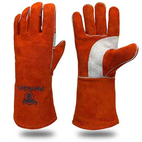 Welding Gloves 14 Inches, 932¢µ Heat Fire Resistant Leather Welding Gloves for Tig/Mig/Stick, Mitts for BBQ/Oven/Grill/Fireplace/Furnace/Stove/Animal Handling Gloves with Soft Lining (Red)