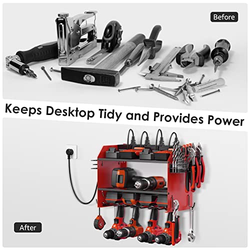 CCCEI Wall Mount Tool Charging Organizer - Red, 3-Tier, 1 Pack, with Power Strip