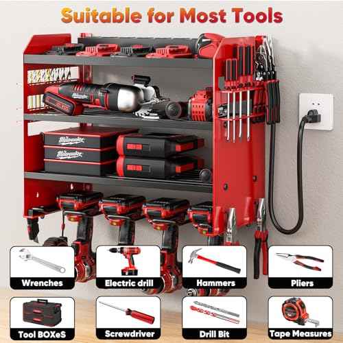 Power Tool Organizer Wall Mount with Charging Station,Tool Storage Rack with 8 Outlet Power Strip,Heavy Duty Metal Battery Utility Rack with 4 Cordless Drill Holder 6.56 Ft Cord for Garage