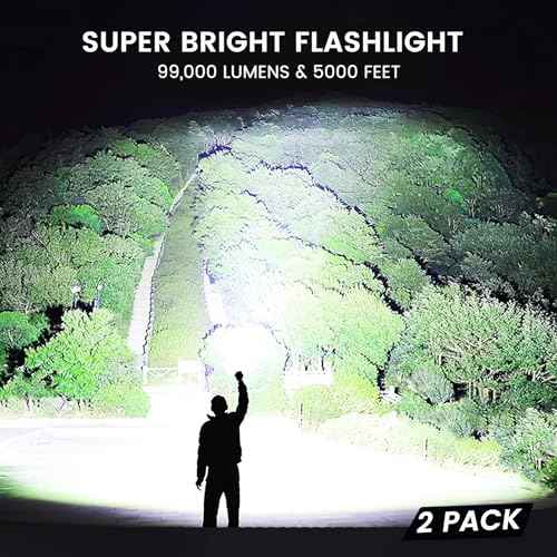Rechargeable Flashlights High Lumens, 99,000 Lumens Super Bright Led Flashlights with 5 Modes & Waterproof, Powerful Handheld Flashlight for Camping Home (2 Pack)