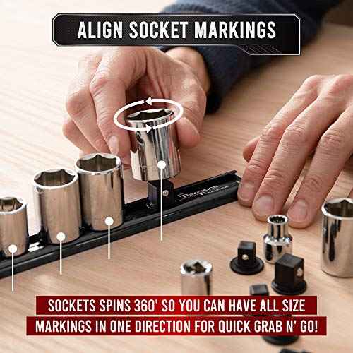 Precision Defined Aluminum Tool Socket Holder | Black, Single 1/4-Inch Socket Organizer x 16 Clips | Heavy Duty Socket Rails Organizer, Socket Storage, Socket Tray 360 Rotation