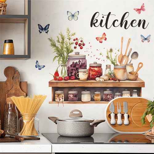 Kitchenware Utensil Shelf Wall Stickers, sacinora Spice Jar Colorful Butterfly Wall Decals Removable Vinyl Peel and Stick for Kitchen Dining Restaurant Baking Room Bar Home Decor Art Home Decoration