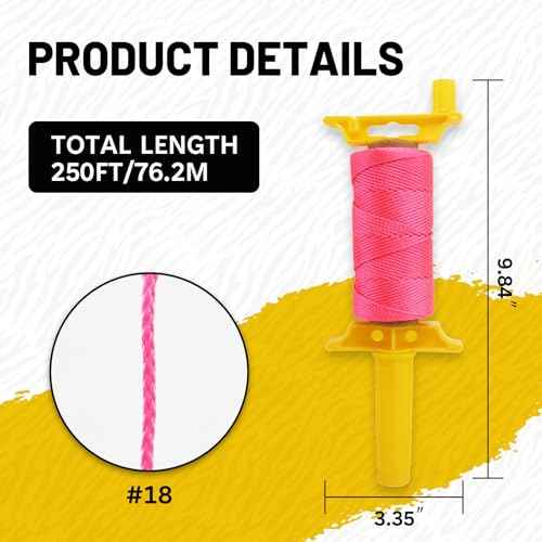 SDHUATUO Mason Line with Handle, #18 250Ft Nylon String Braided Construction Twine for Precision Work, Architectural, Gardening, Masonry Jobs, DIY £¨Fluorescent Pink£©