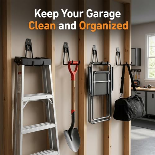 CRXCRC Black Large Square Garage Wall Hooks 4 Pack - Heavy Duty Ladder & Tool Hangers