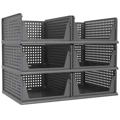 Pinkpum Stackable Plastic Closet Storage Bins - Set of 6 Organizers for Wardrobe, Shoes, Toys