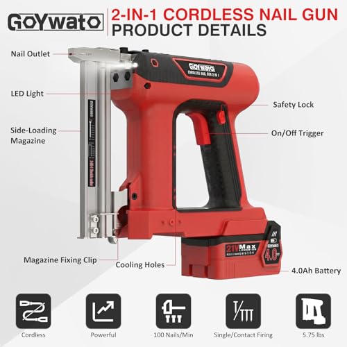 GoYwato 21V Cordless 2-in-1 Brad Nailer & Stapler Gun - Red