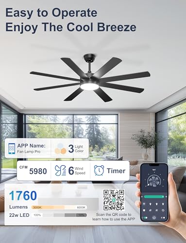 Phylluz 60'' Black Ceiling Fan with Lights Remote & App Control