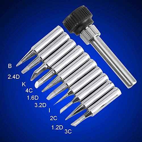900M-T Series Copper Base Solder Iron Tips Set Electroplating Iron and Replaceable Low Temperature Soldering Shape I B K 1.2D 1.6D 2.4D 3.2D 2C 3C 4C[10 pcs Tips +1 Retaining