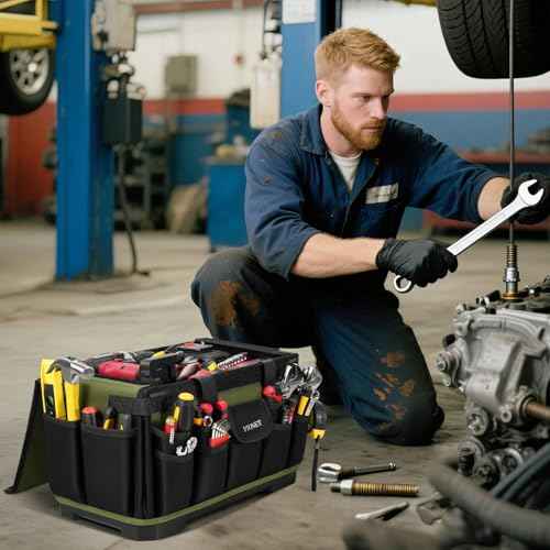 Heavy Duty Tool Bag 16-Inch, 46 Pockets Electrician Tool Bag for men with Hard Bottom & Waterproof Pocket, 1680D Tear-Proof Toolbox Organizer for HVAC Mechanic, Father Day Dad Birthday Gift